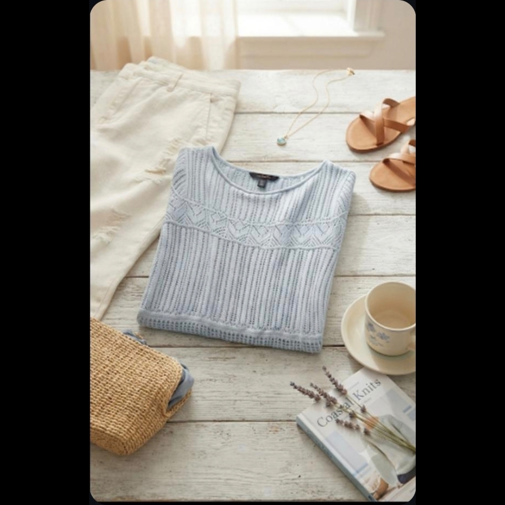 Talbots Light Blue Pointelle Knit Short Sleeve Sweater Top